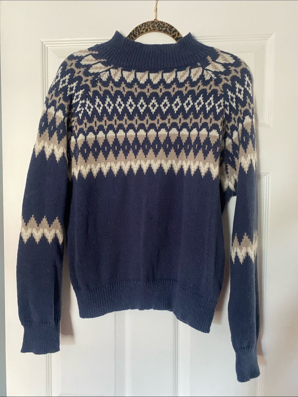 SHEIN Navy Crewneck Fair Isle Sweater with Cream Accents